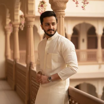 Cream Self-Striped Cotton Kurta Pajama