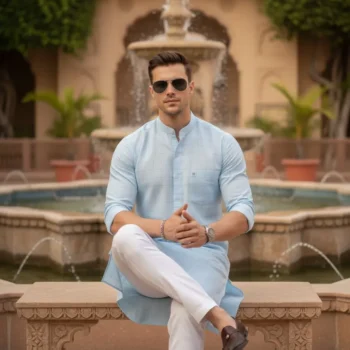 Sky Blue Multicoloured Check Cotton Kurta Pajama