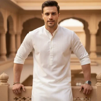 Elegant Brown Striped White Cotton Kurta